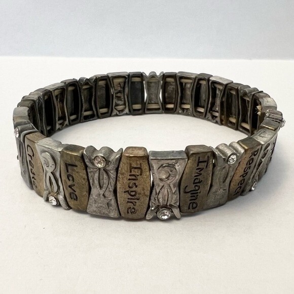 Two Vintage Bracelets Mixed Metal Inspirational Word Charm Beaded Elastic Cuffs - Picture 6 of 9